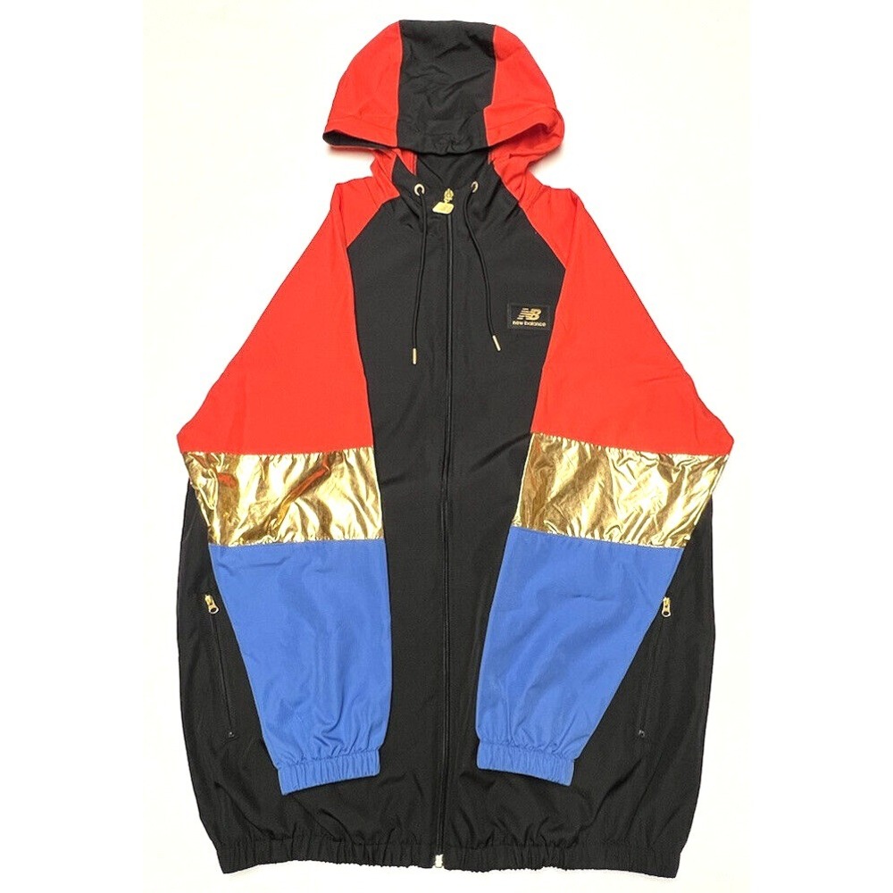 New Balance Womens Size Small Podium Windbreaker Jacket Black Magnet Red Gold